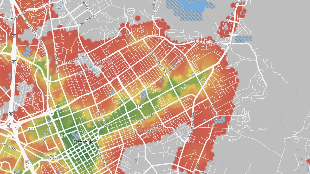 Walk Grade map of Midway, Escondido, CA, walkable areas in green and car-dependent areas in red