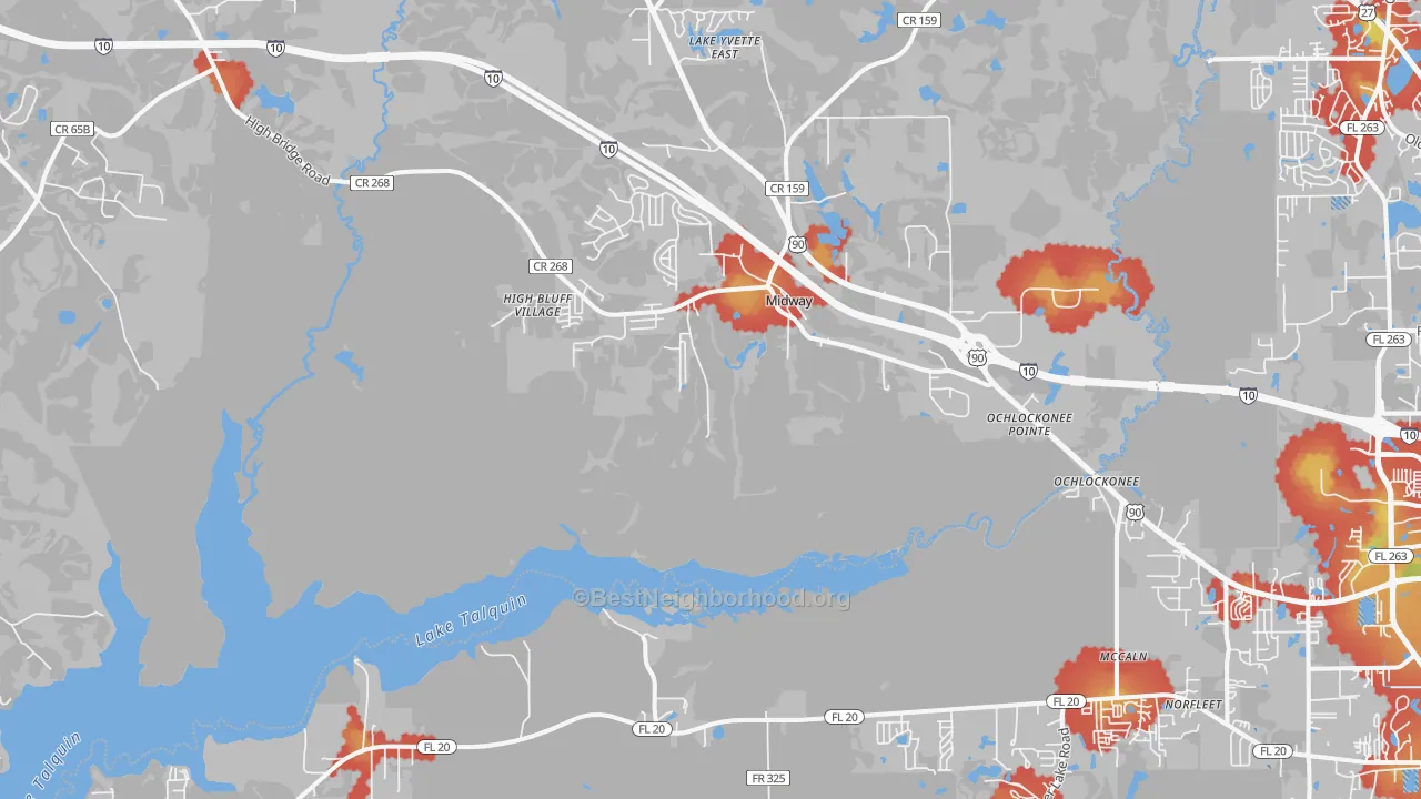 Walk Grade map of Midway, FL, walkable areas in green and car-dependent areas in red