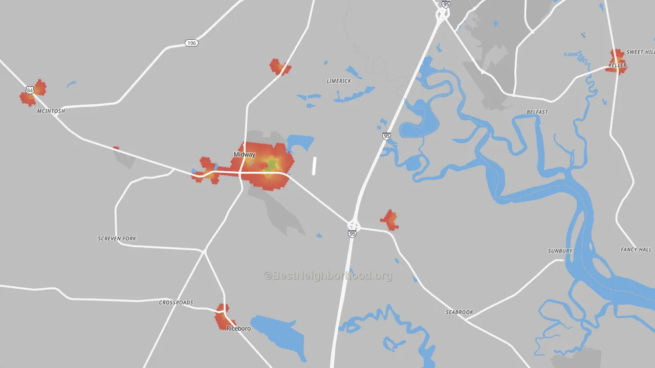 Walk Grade map of Midway, GA, walkable areas in green and car-dependent areas in red