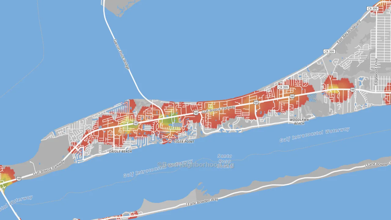 Walk Grade map of Midway, Gulf Breeze, FL, walkable areas in green and car-dependent areas in red
