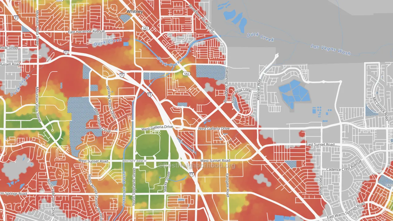 Walk Grade map of Midway, Henderson, NV, walkable areas in green and car-dependent areas in red