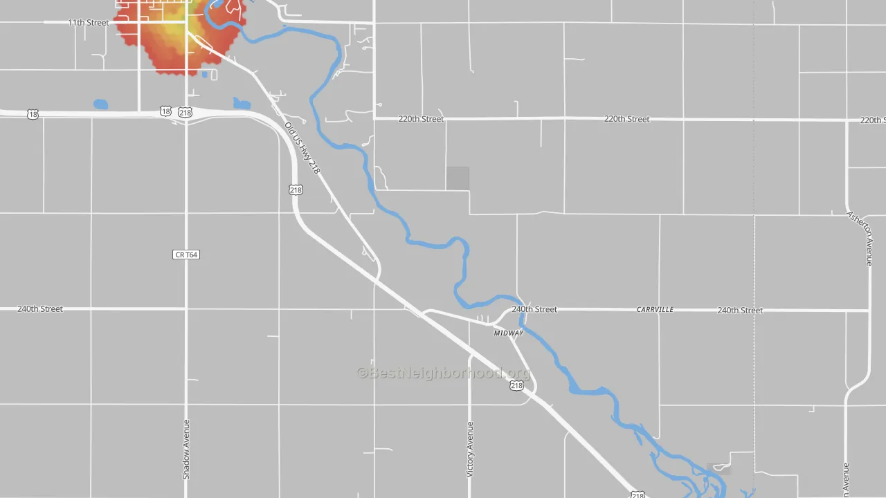 Walk Grade map of Midway, IA, walkable areas in green and car-dependent areas in red