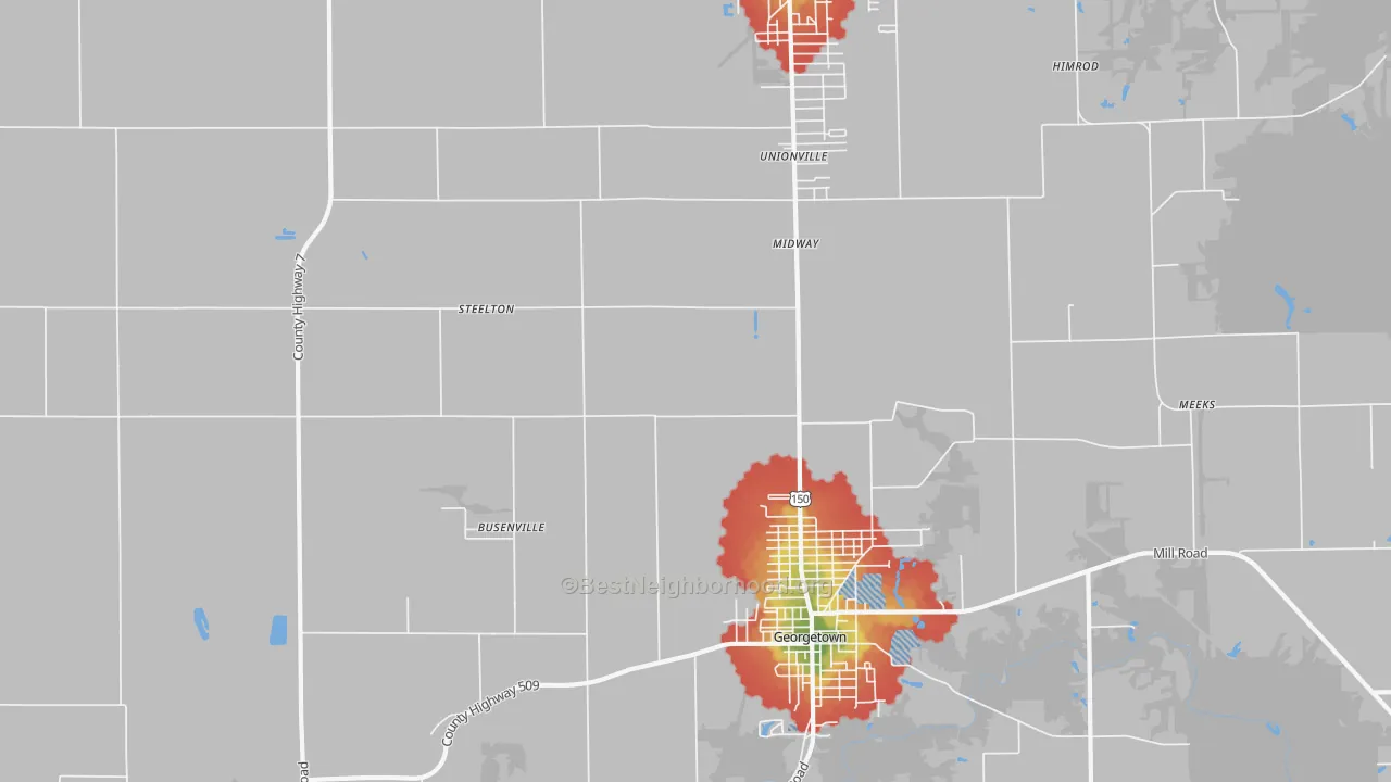 Walk Grade map of Midway, IL, walkable areas in green and car-dependent areas in red
