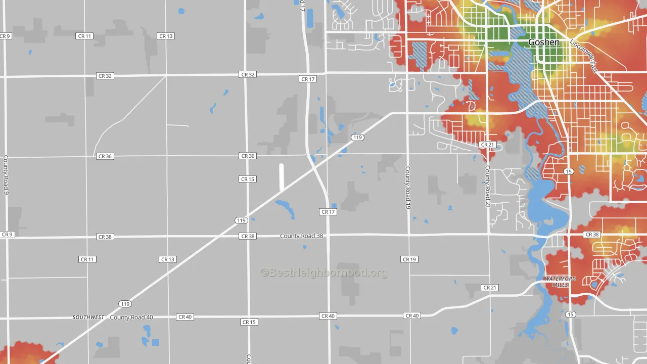 Walk Grade map of Midway, IN, walkable areas in green and car-dependent areas in red