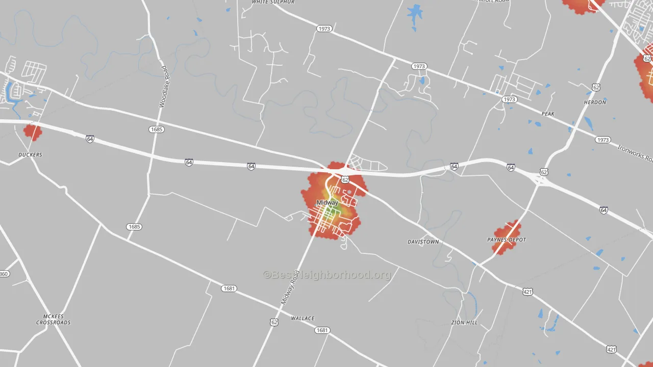 Walk Grade map of Midway, KY, walkable areas in green and car-dependent areas in red