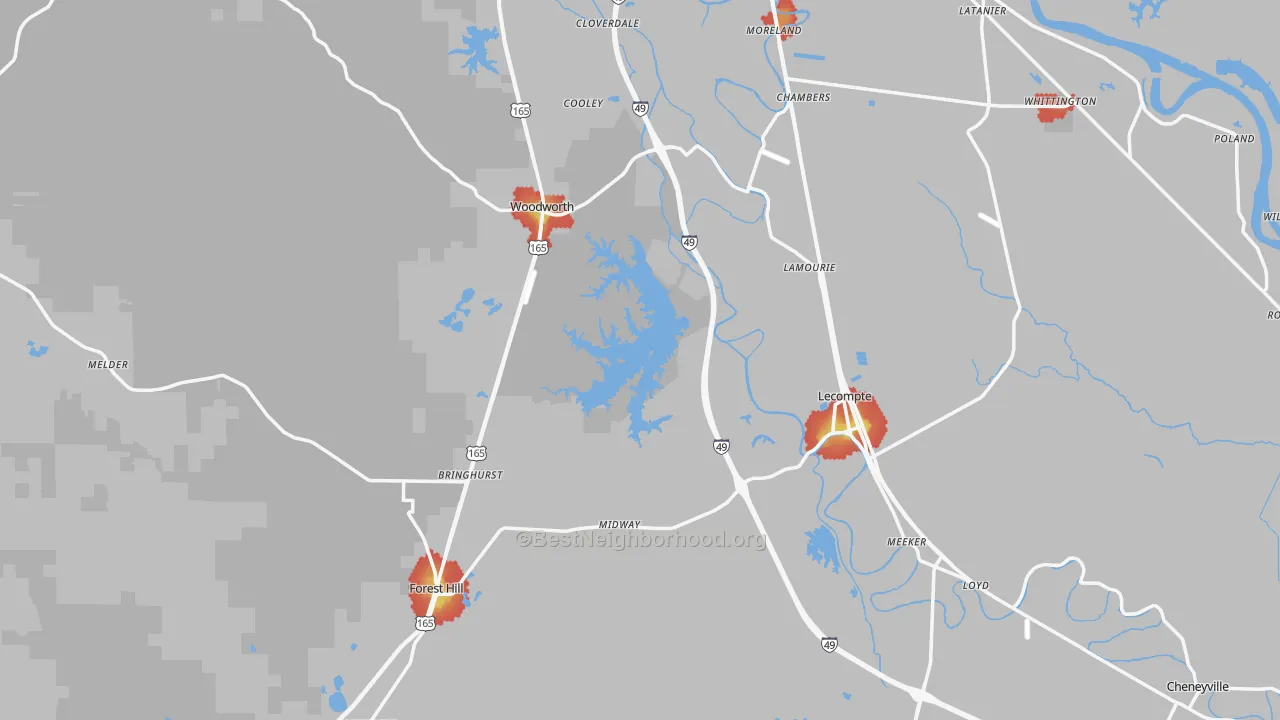 Walk Grade map of Midway, LA, walkable areas in green and car-dependent areas in red
