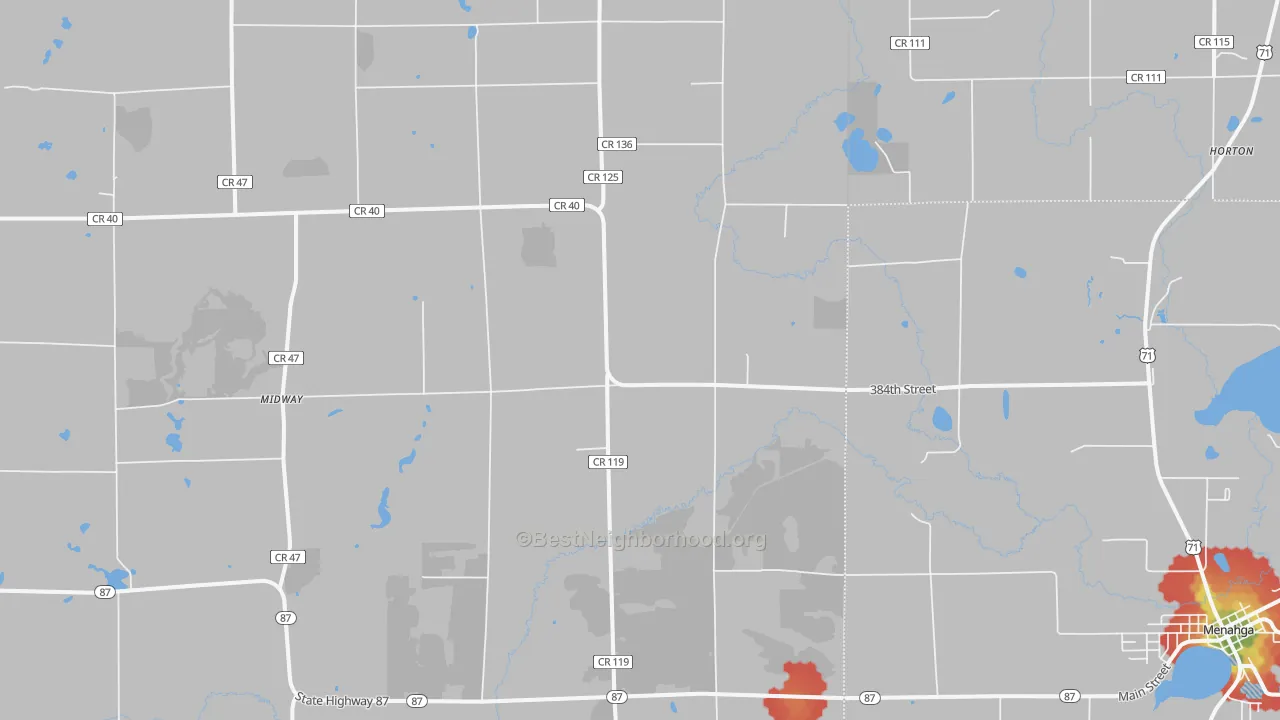 Walk Grade map of Midway, MN, walkable areas in green and car-dependent areas in red