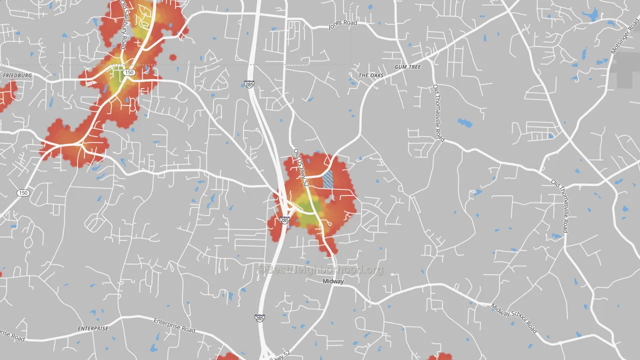 Walk Grade map of Midway, NC, walkable areas in green and car-dependent areas in red