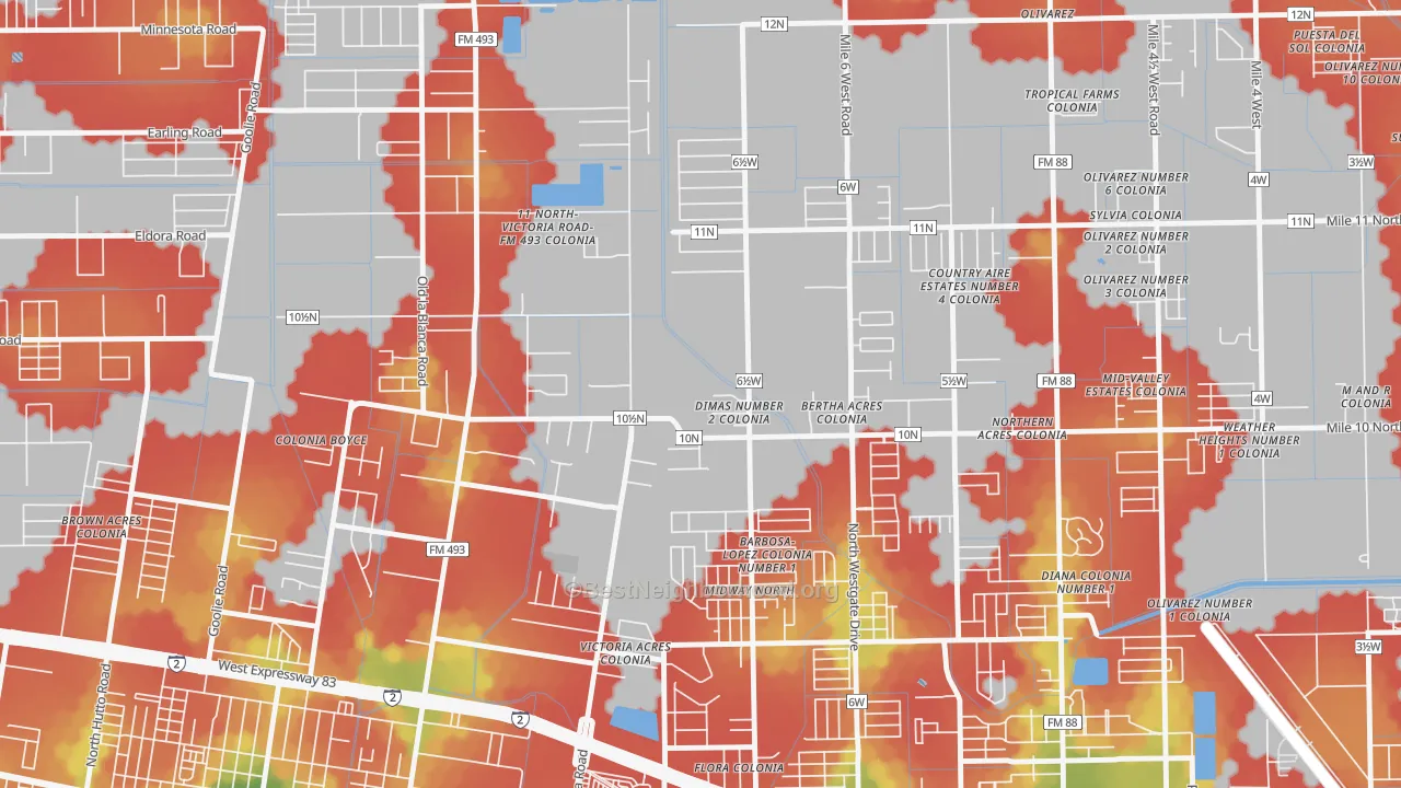 Walk Grade map of Midway North, TX, walkable areas in green and car-dependent areas in red