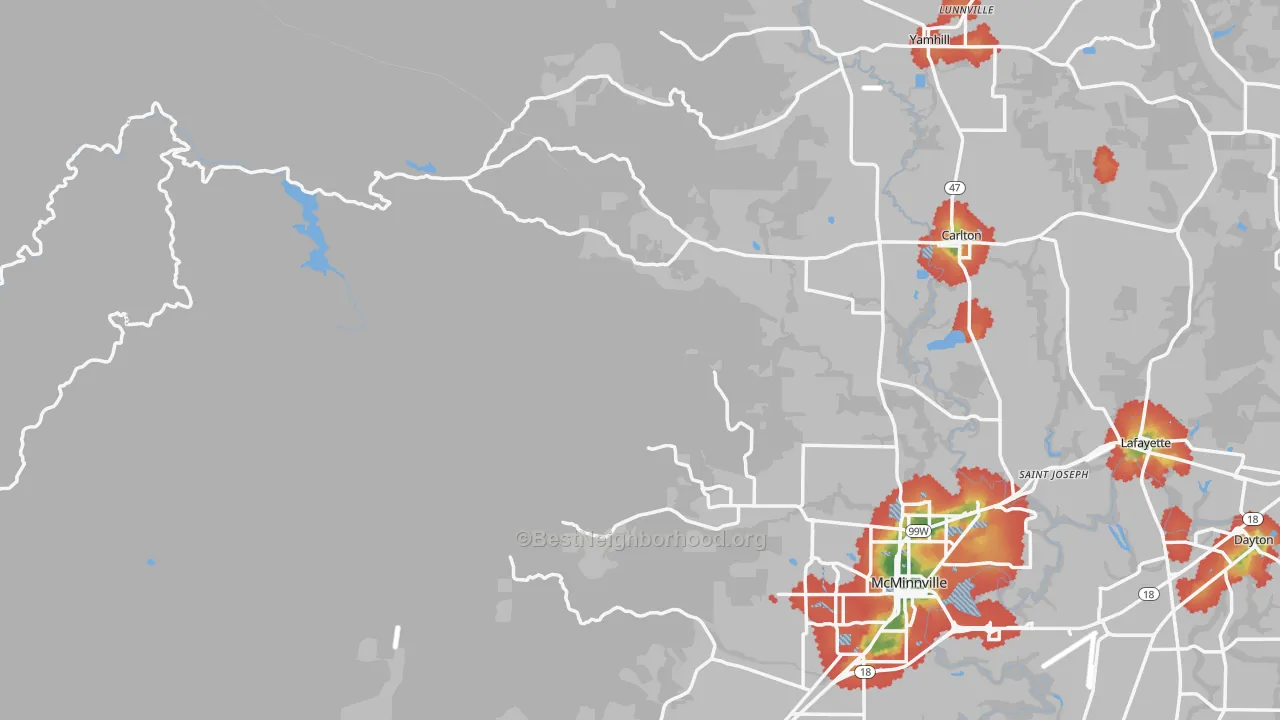 Walk Grade map of Midway, OR, walkable areas in green and car-dependent areas in red