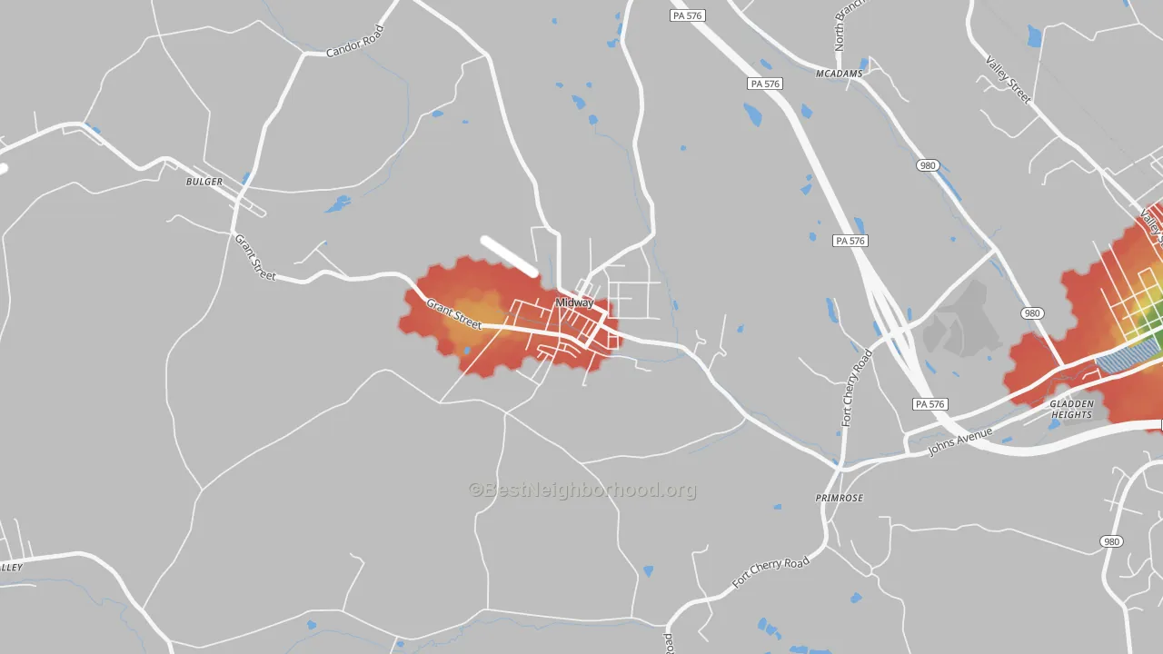 Walk Grade map of Midway, PA, walkable areas in green and car-dependent areas in red