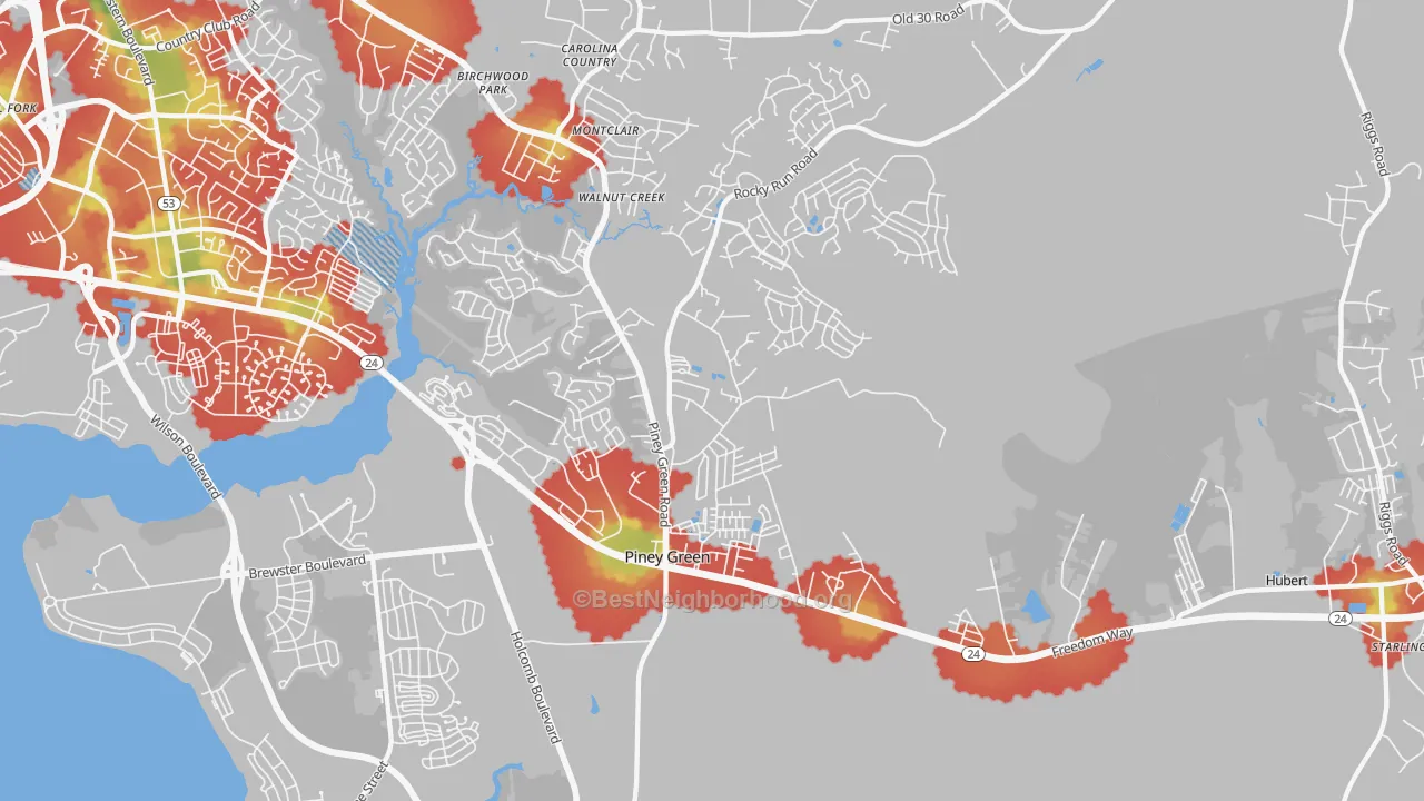 Walk Grade map of Midway Park, NC, walkable areas in green and car-dependent areas in red