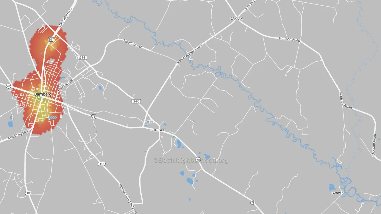 Walk Grade map of Midway, SC, walkable areas in green and car-dependent areas in red
