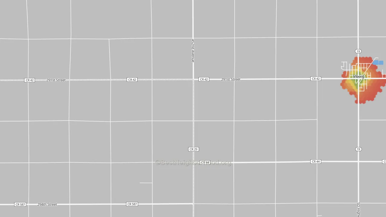 Walk Grade map of Midway, SD, walkable areas in green and car-dependent areas in red