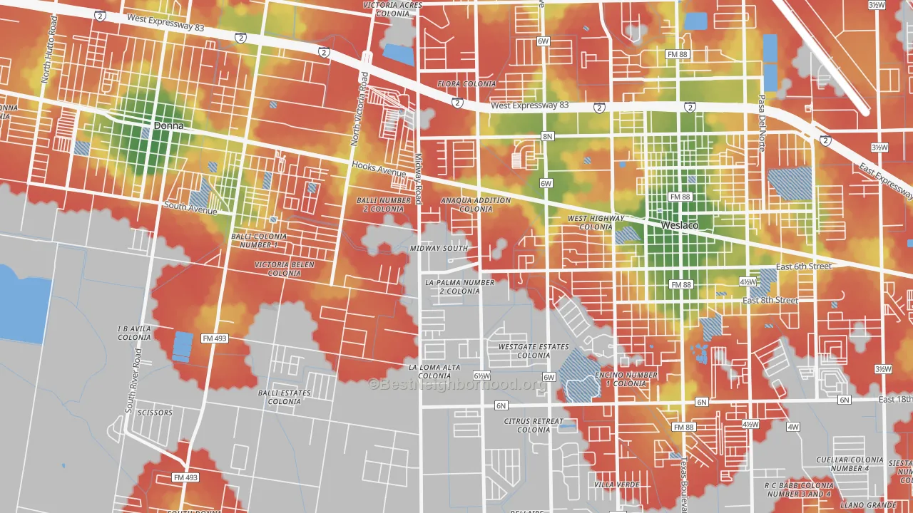 Walk Grade map of Midway South, TX, walkable areas in green and car-dependent areas in red