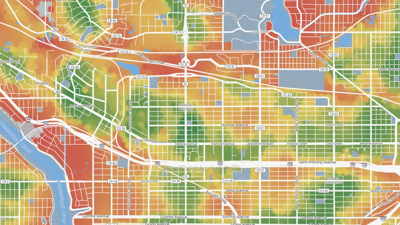 Walk Grade map of Midway, St. Paul, MN, walkable areas in green and car-dependent areas in red