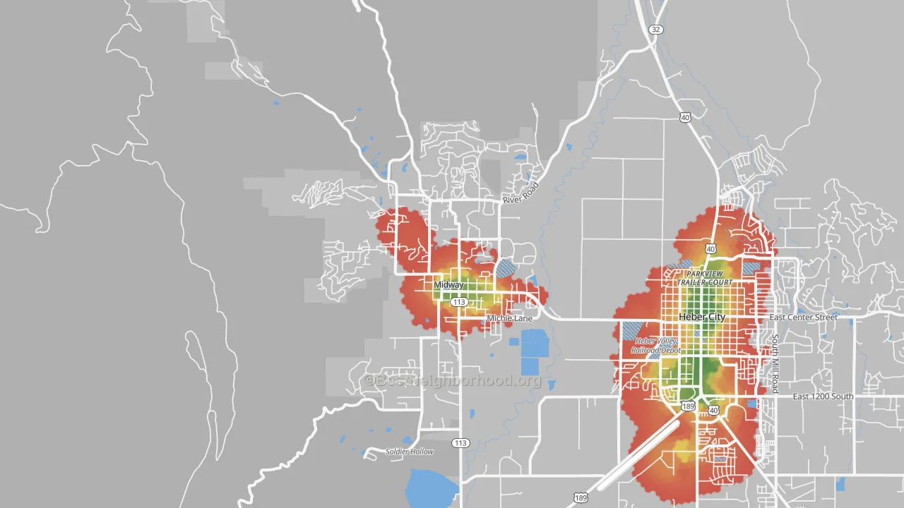 Walk Grade map of Midway, UT, walkable areas in green and car-dependent areas in red