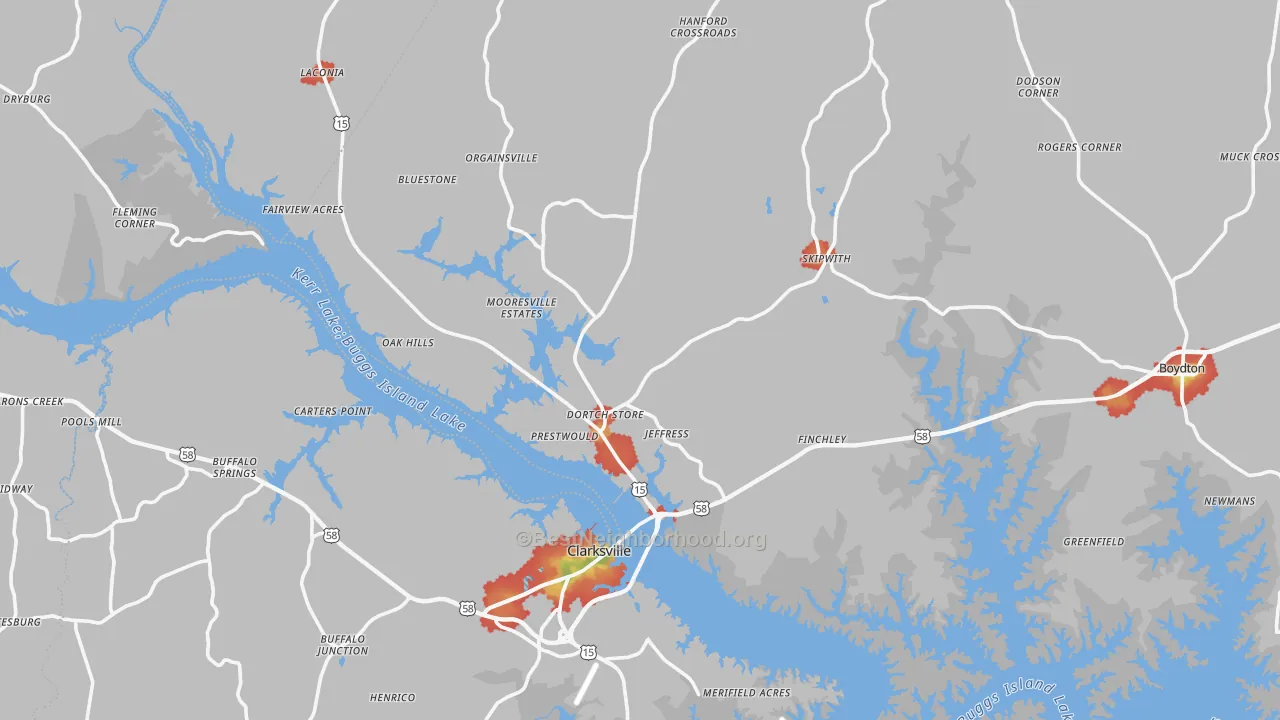 Walk Grade map of Midway, VA, walkable areas in green and car-dependent areas in red