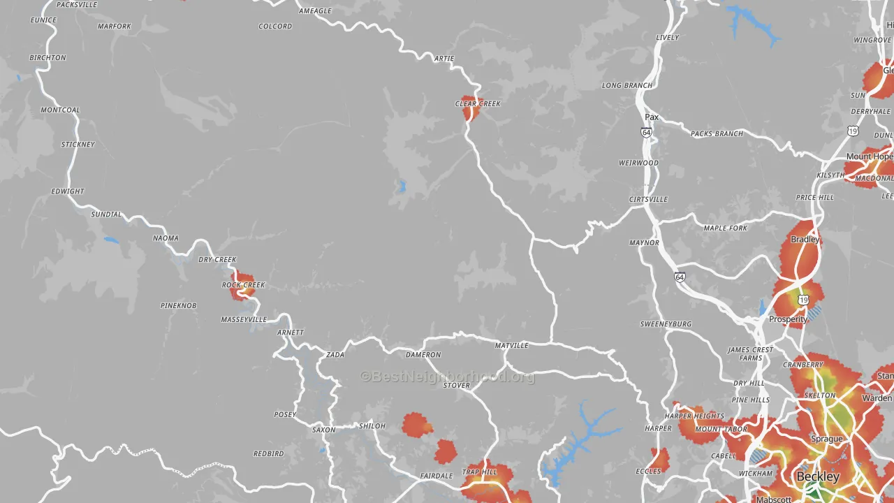 Walk Grade map of Midway, WV, walkable areas in green and car-dependent areas in red