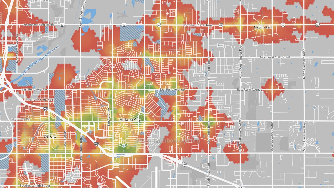 Walk Grade map of Midwest City, OK, walkable areas in green and car-dependent areas in red