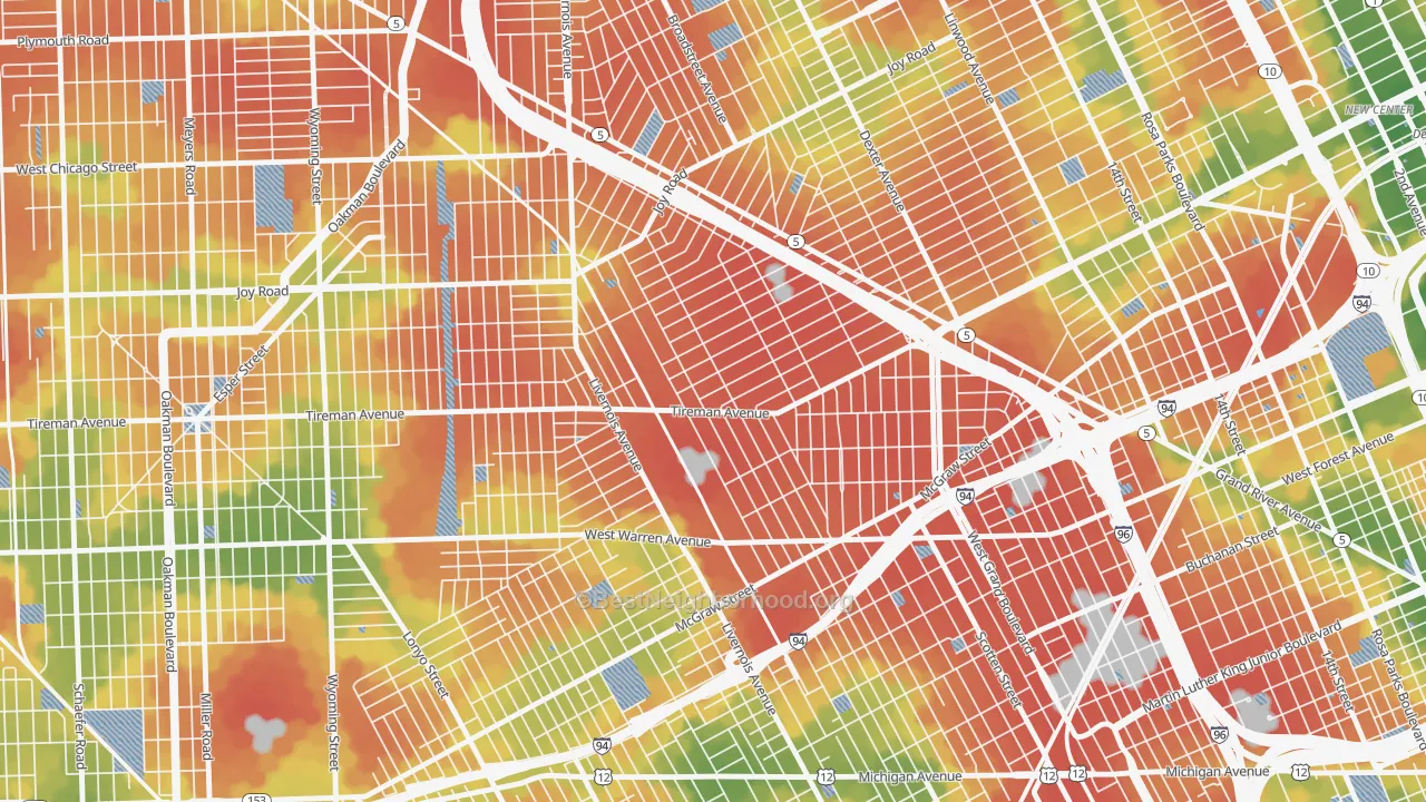 Walk Grade map of Midwest, Detroit, MI, walkable areas in green and car-dependent areas in red