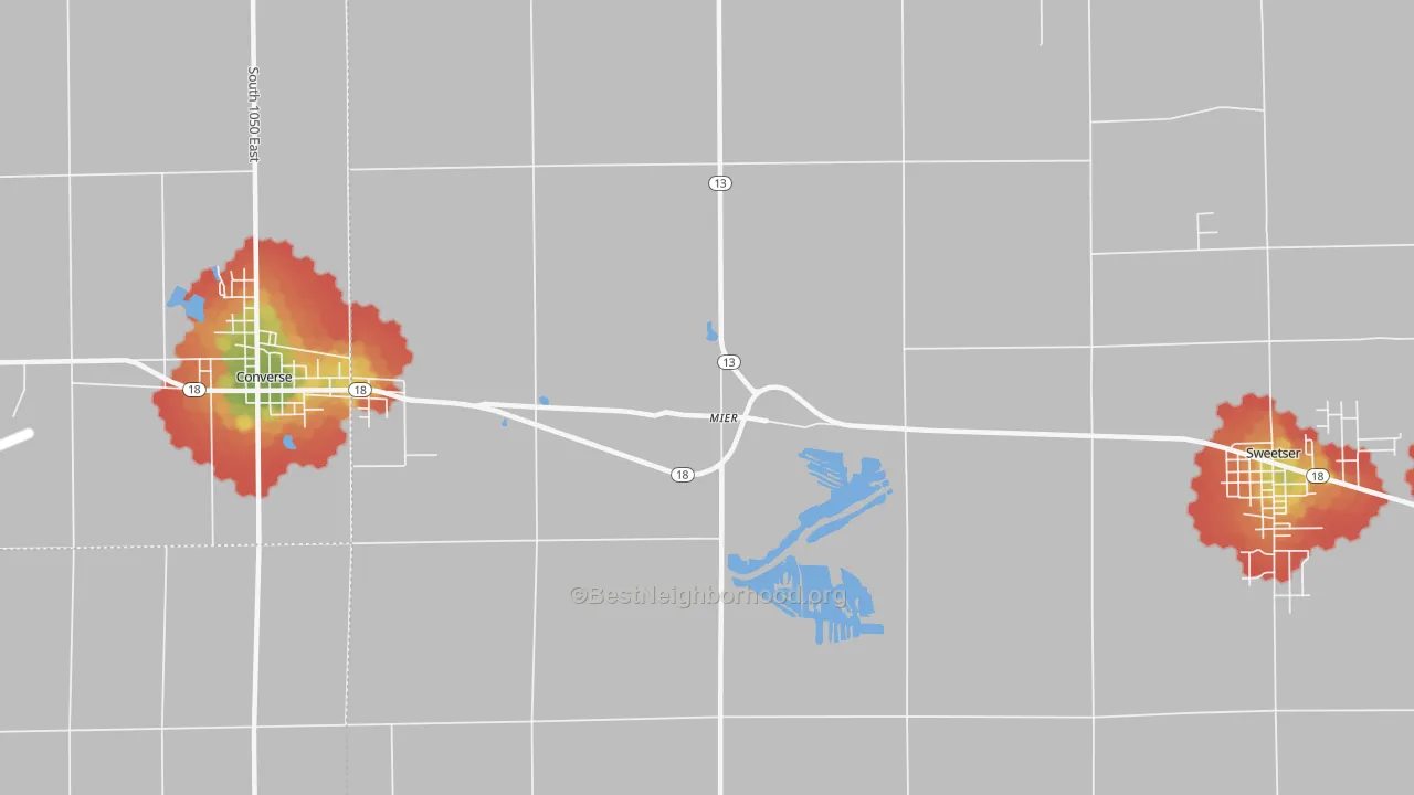 Walk Grade map of Mier, IN, walkable areas in green and car-dependent areas in red