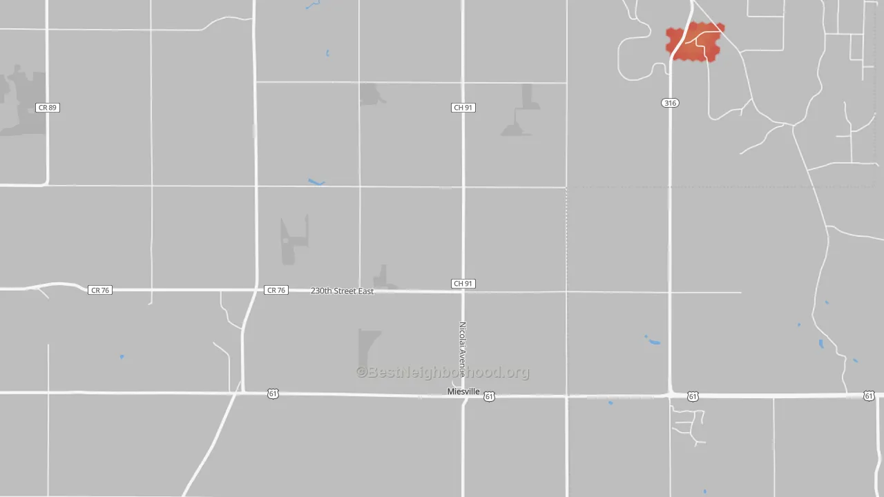 Walk Grade map of Miesville, MN, walkable areas in green and car-dependent areas in red