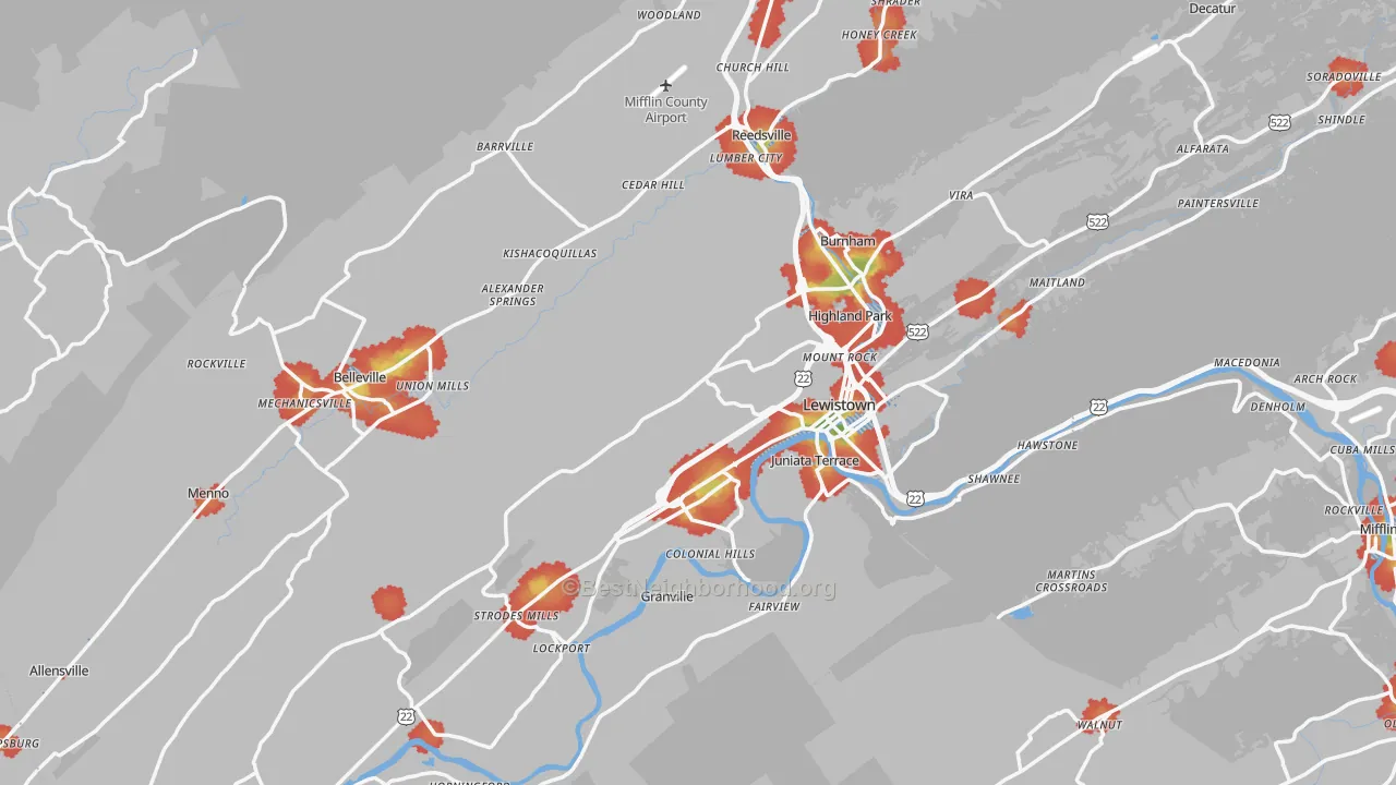Walk Grade map of Mifflin County, PA, walkable areas in green and car-dependent areas in red