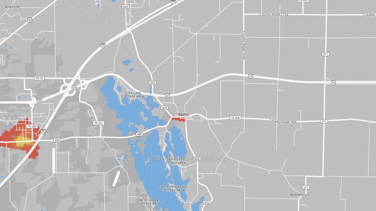 Walk Grade map of Mifflin, OH, walkable areas in green and car-dependent areas in red