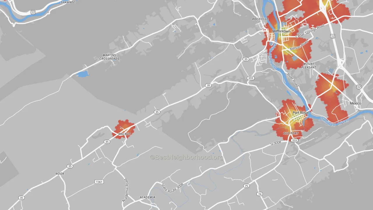 Walk Grade map of Mifflin, PA, walkable areas in green and car-dependent areas in red
