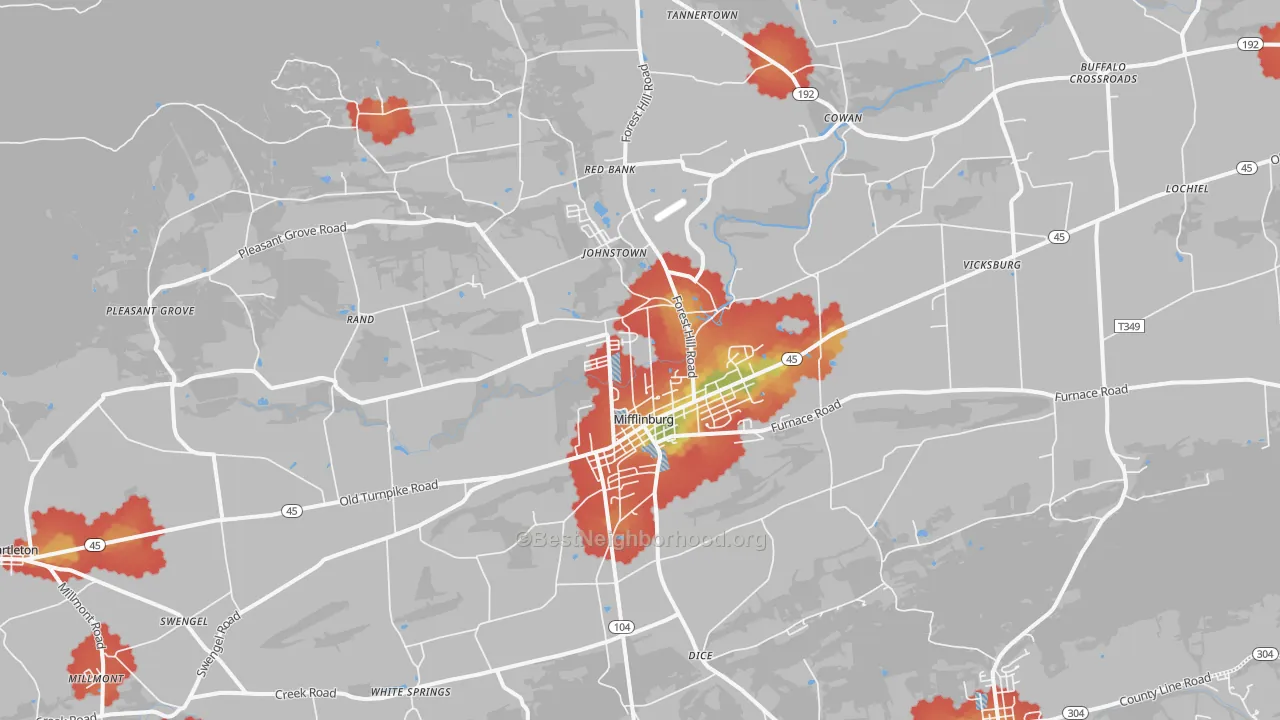 Walk Grade map of Mifflinburg, PA, walkable areas in green and car-dependent areas in red