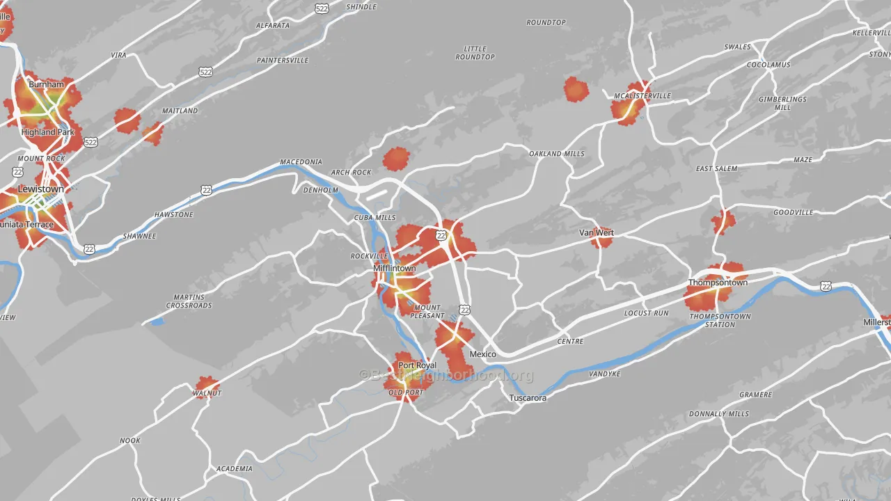 Walk Grade map of Mifflintown, PA, walkable areas in green and car-dependent areas in red
