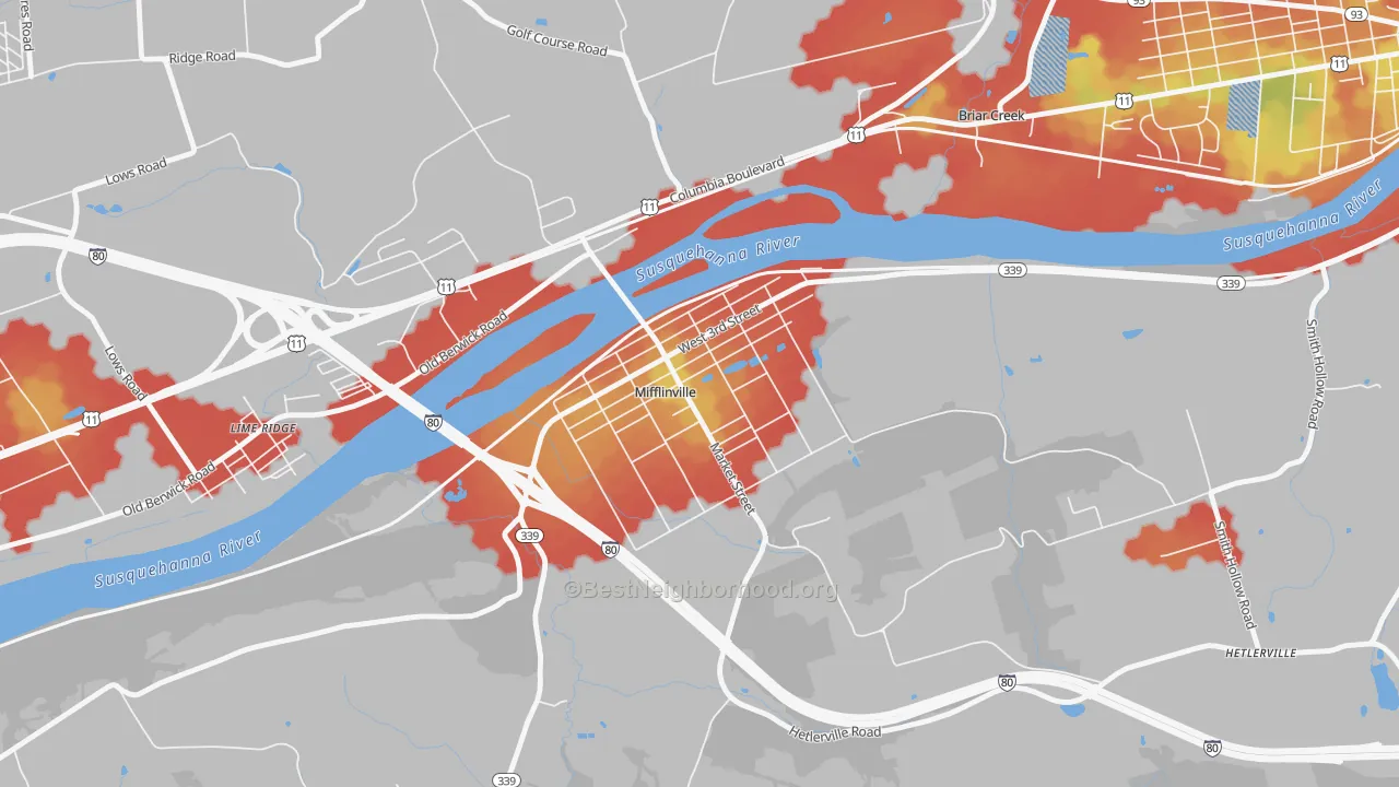 Walk Grade map of Mifflinville, PA, walkable areas in green and car-dependent areas in red