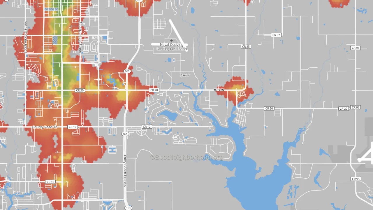 Walk Grade map of Miflin, AL, walkable areas in green and car-dependent areas in red