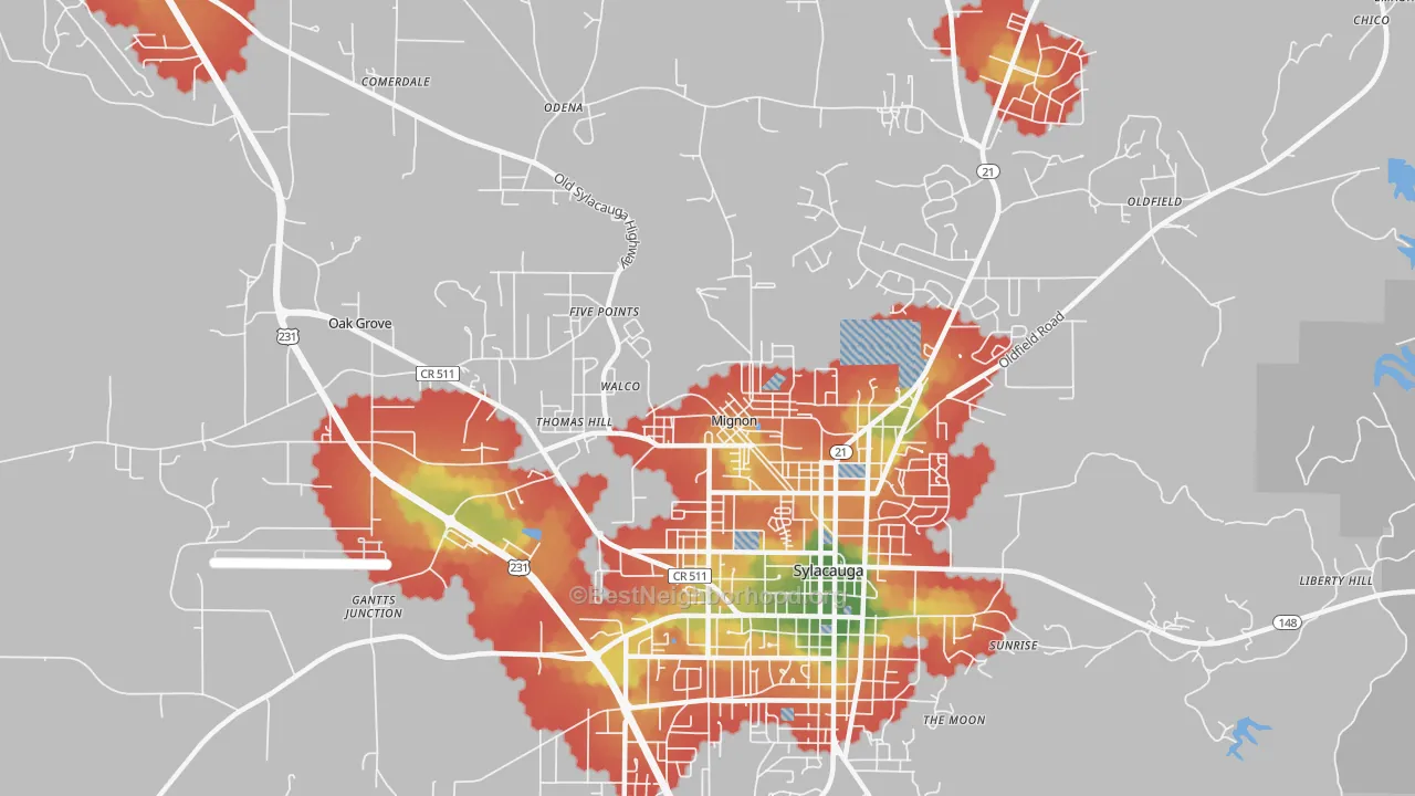 Walk Grade map of Mignon, AL, walkable areas in green and car-dependent areas in red