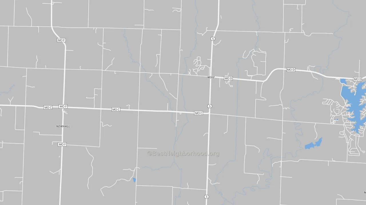 Walk Grade map of Mike, MO, walkable areas in green and car-dependent areas in red