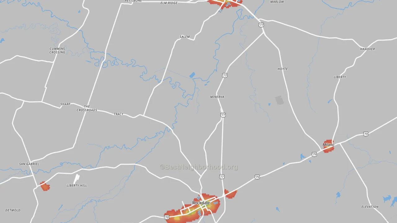 Walk Grade map of Milam County, TX, walkable areas in green and car-dependent areas in red