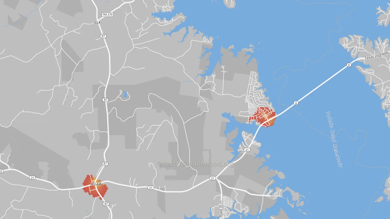 Walk Grade map of Milam, TX, walkable areas in green and car-dependent areas in red