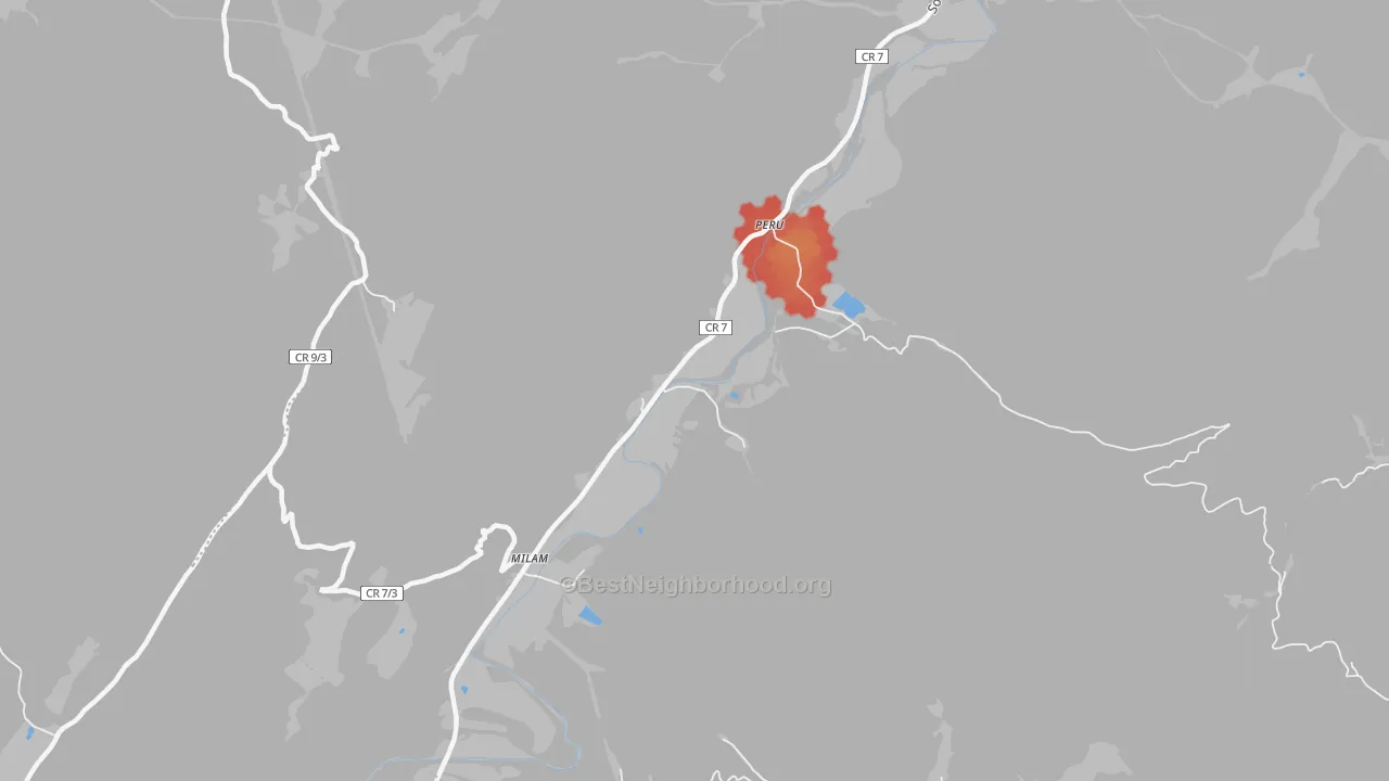 Walk Grade map of Milam, WV, walkable areas in green and car-dependent areas in red
