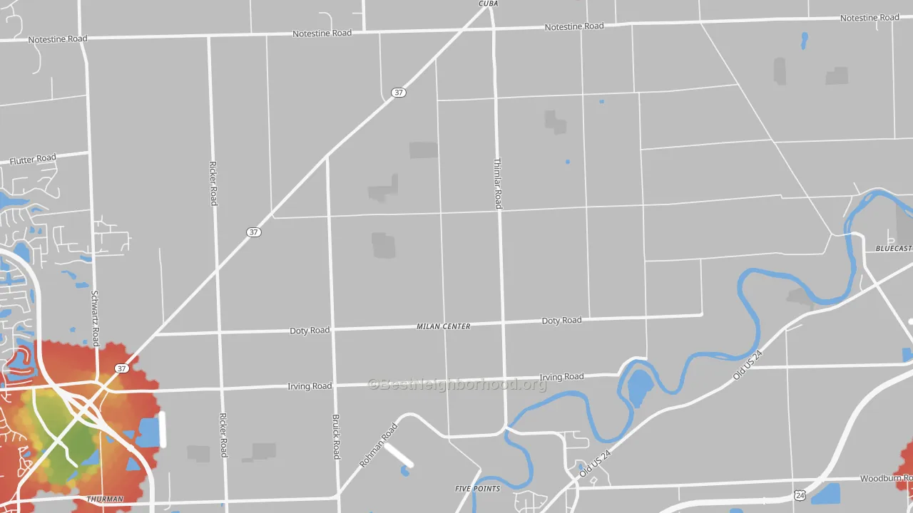 Walk Grade map of Milan Center, IN, walkable areas in green and car-dependent areas in red