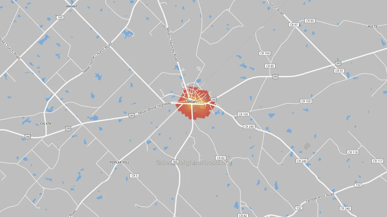 Walk Grade map of Milan, GA, walkable areas in green and car-dependent areas in red