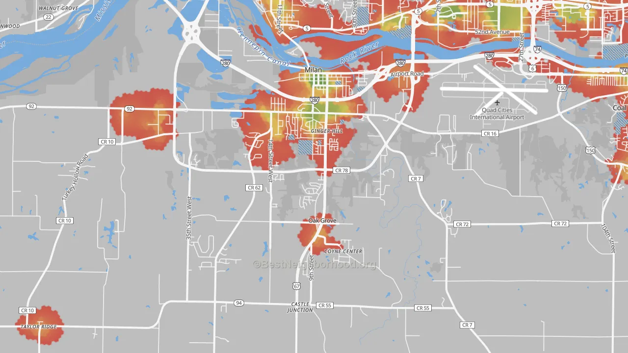 Walk Grade map of Milan, IL, walkable areas in green and car-dependent areas in red