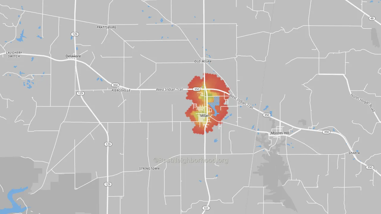 Walk Grade map of Milan, IN, walkable areas in green and car-dependent areas in red