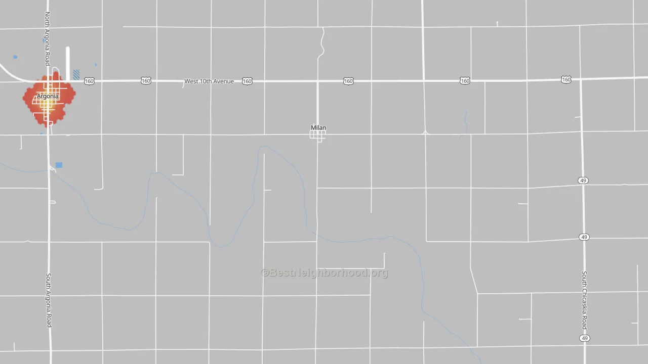 Walk Grade map of Milan, KS, walkable areas in green and car-dependent areas in red