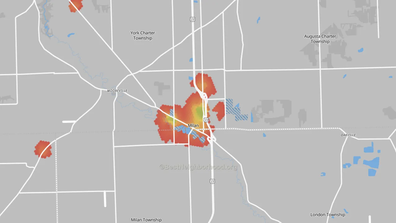 Walk Grade map of Milan, MI, walkable areas in green and car-dependent areas in red