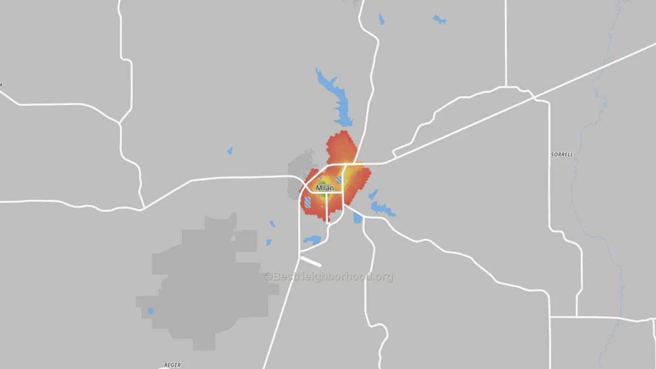 Walk Grade map of Milan, MO, walkable areas in green and car-dependent areas in red