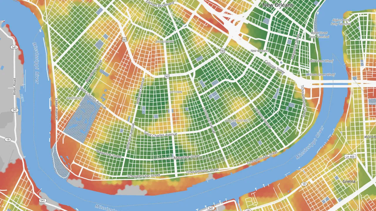 Walk Grade map of Milan, New Orleans, LA, walkable areas in green and car-dependent areas in red