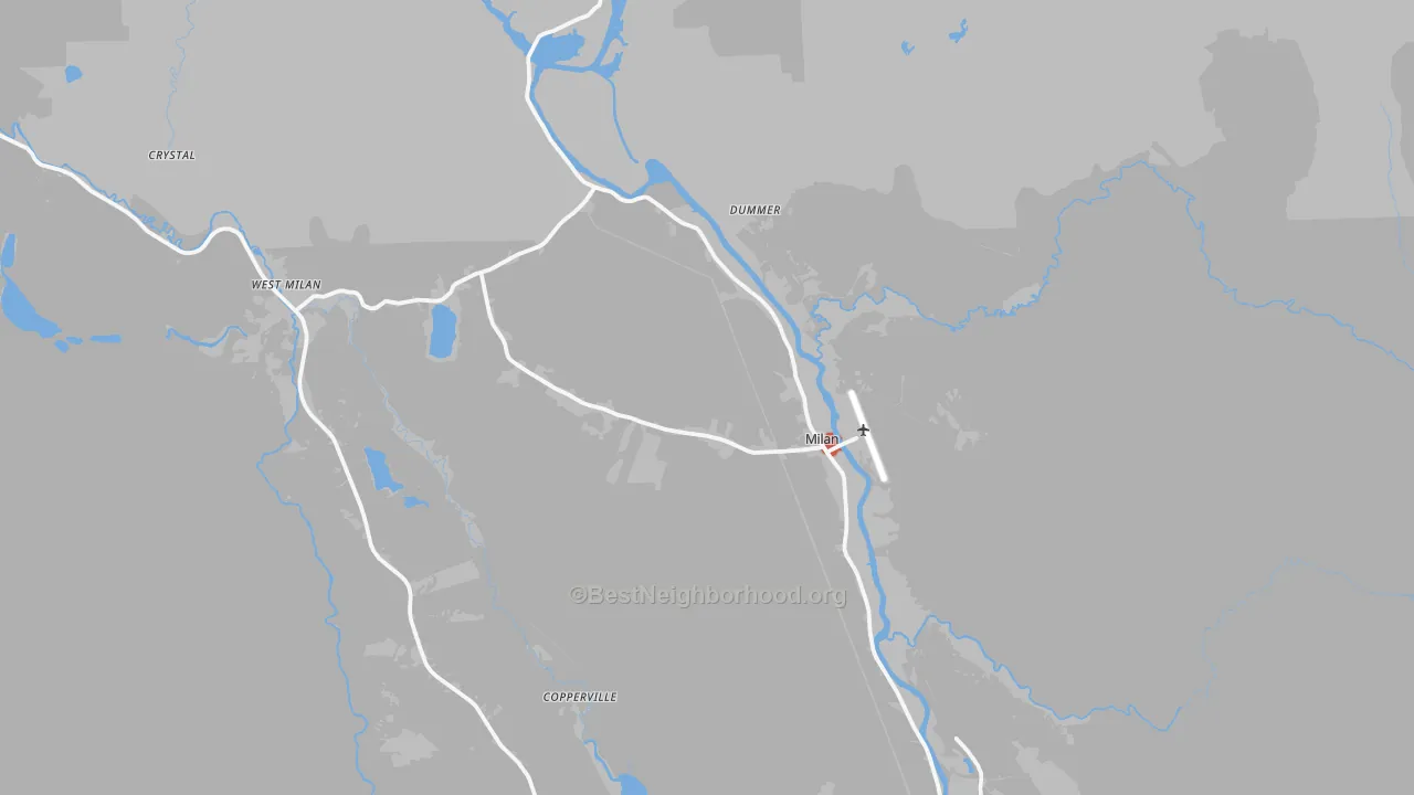 Walk Grade map of Milan, NH, walkable areas in green and car-dependent areas in red