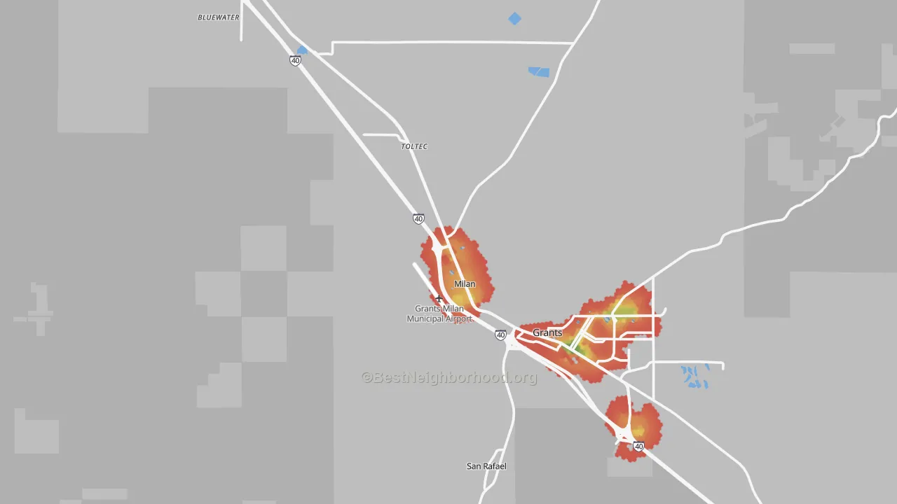 Walk Grade map of Milan, NM, walkable areas in green and car-dependent areas in red