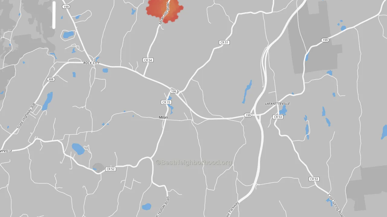 Walk Grade map of Milan, NY, walkable areas in green and car-dependent areas in red